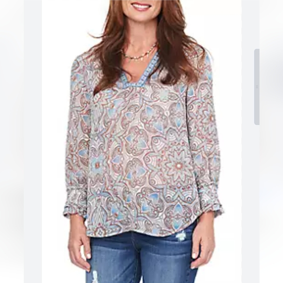Democracy Tops - 94. Democracy Patterned Embroidered Neckline Semisheer Ruffle 3/4 Sleeve Blouse